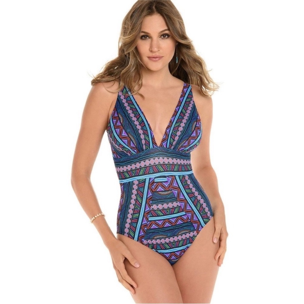 Miraclesuit Caravan Odyssey Bright Tribal Print Plunge One Piece Swimsuit Sz 12